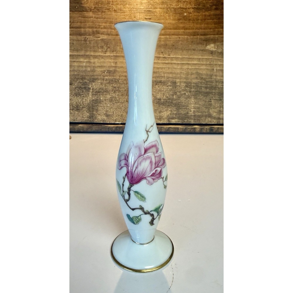 Vintage Heinrich Selb Bavaria Germany Porcelain Magnolia Bud Vase Gold Trim 7"